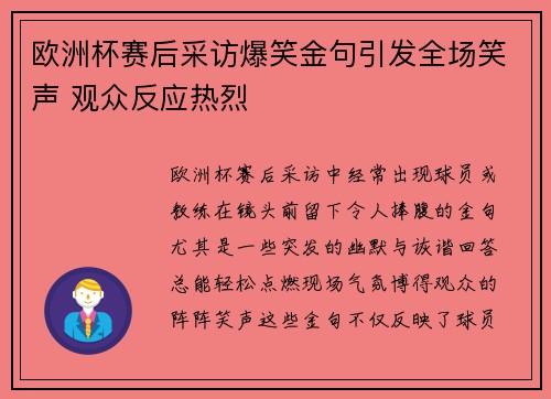 欧洲杯赛后采访爆笑金句引发全场笑声 观众反应热烈 欧洲杯赛后采访爆笑金句引发全场笑声 观众反应热烈