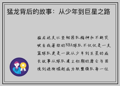 猛龙背后的故事：从少年到巨星之路