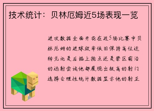 技术统计：贝林厄姆近5场表现一览